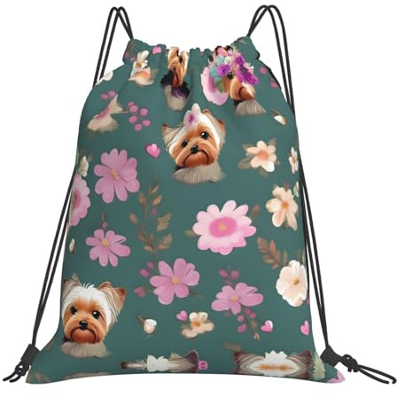 Premium dragsko simväska yorkie blommönster tryck sträng säckväska bekväm gym ryggsäck för vuxna barn tonåringar 36 x 42 cm