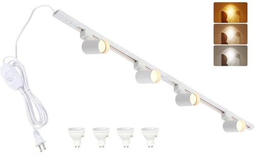 Hiiglxii 3-Color Plug in Track Lighting with Power Cord, 4-Light GU10 Dimmable Track Lighting Kit with Track Rail, Kitchen LED Track Lighting Fixtures Ceiling Wall Spot Light, 13FT Plug Cord, White