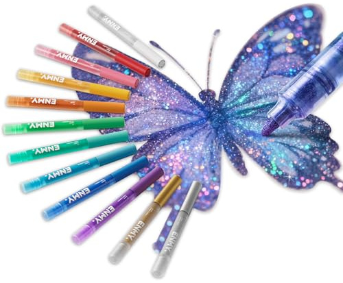 ENMY 12 färger glittermarkörer, glansiga markörer med glitter, metalliska markörer, snabbtorkande, perfekt för hantverk, dekoration och konst på trä, sten, canvas