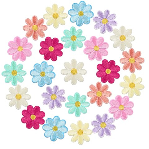 SHENLIU 48 stycken tygblommor för sömnad, lappar att stryka, stryk på blommor, strykbilder, broderade lappar för hatt, jeans, jackor, ryggsäckar, gör-det-själv-tillbehör tusenskönor blomma