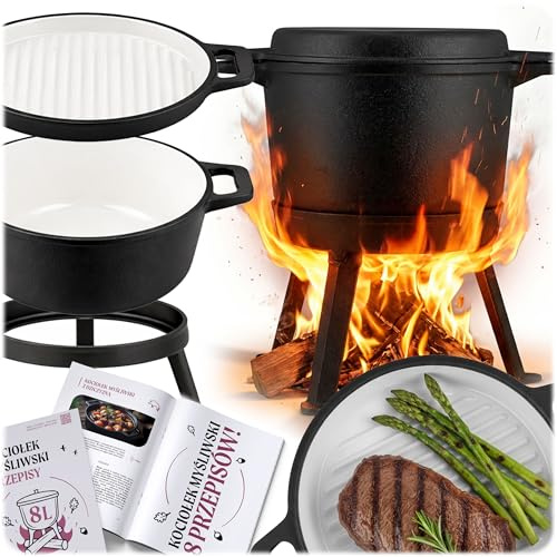 Berdsen Gusseisen Topf 8 L Dutch Oven - Emailierter Feuertopf für Lagerfeuer und Grill - 2-in-1 Deckel als Pfanne nutzbar - mit 3 Beinen und Aufhängebügel - inkl. Rezeptbuch - Schwarz