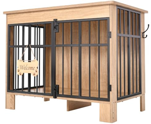 YITAHOME Wooden Dog Crate Furniture 85cm, Double Door, Wood | Bone-Shaped Welcome Plaque, Side Hook, Double-bolt Latch, Indoor Kennel End Side Table, For Small Medium Dogs