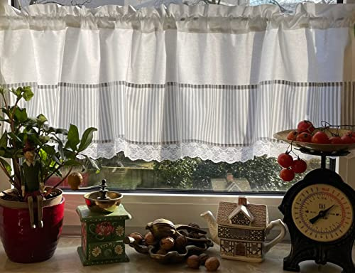 Leinenshop24 Bistrogardine Kurzgardine Weiß Grau Öko Baumwolle 140 x 42 cm Landhaus Shabby Retro Vita