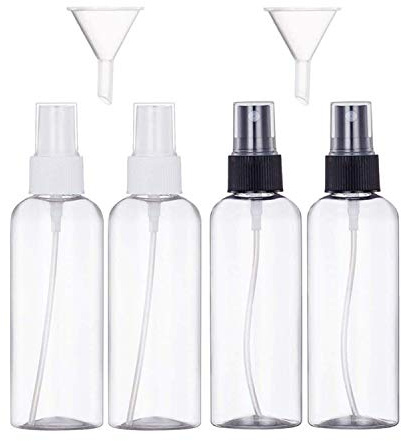 4 st, 100 ml sprayflaska tom plast fin dimma resa atomiseruppsättning med 2 trattar och 12 etiketter - genomskinlig påfyllningsbar och återanvändbar flaska toalettartiklar flytande behållare för kosmetisk makeup av JamHooDirect