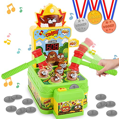 Ulikey Juguete de Martillo, Golpea Topo Juego con 2 Martillos+12 Monedas, Mini Juego Arcade Electrónico, Juguetes Montessori Juego Interactivo de Golpear para Niños de 3 a 6 Años