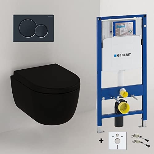 Spülrandloses Hänge Wc mit Spülkasten I Randloses Hänge WC Komplettset Schwarz Matt 54cm I Wand WC ohne Spülrand mit GEBERIT UP320 Vorwandelement und Sigma 01 Betätigungsplatte