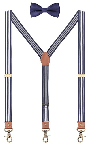 WANYING 2,5cm Bretelle Papillon Set per Uomo Donna | Y forma Retrò in Pelle PU Chiusura Moschettone Bretelle Elastico Regolabile per Statura 150-200cm - A righe bianche blu scuro