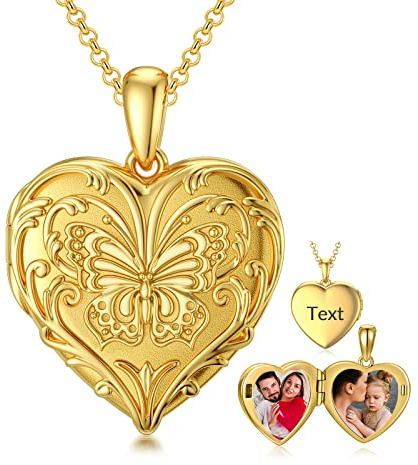 SOULMEET Personalized 9k 14k 18k Solid Yellow Gold/Plated Gold Butterfly Heart Locket Necklace That Holds 2 Pictures Custom Letters Engraved Image Locket (Custom photo & text)