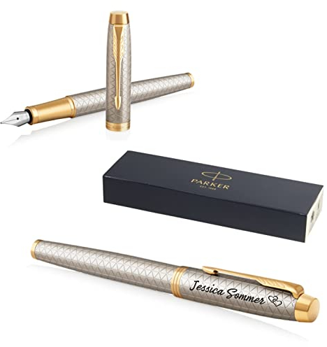 PARKER IM Premium Füllfederhalter mit Gravur | Premium Stift | Geschenkbox | blaue Tinte | personalisiertes Geschenk | Namen | graviert | Füller | Geburtstag (Warm Silver G.C.)