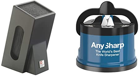 Richardson Sheffield R164HSRC58846 Knife Block with Brush Insert Unequipped Black, 15.5 x 11.5 x 26 cm & AnySharp Knife Sharpener with PowerGrip, Blue, One Size