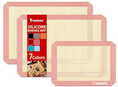 Katbite Silicone Baking Mat Colorful Collection - Set of 3: 2 Half Sheets Mats (11 5/8 x 16 1/2) + 1 Quarter Baking Sheet, Reusable & Nonstick Bakeware Mats for Cookies, Macarons, Bread (Pink)