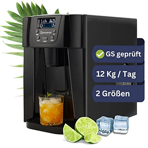 Sommertal Máquina de hielo con función de agua fría EM12E – Ice Maker con rápida producción de hielo a partir de 6 minutos, 12 kg por día, 2 tamaños de cubos, temporizador