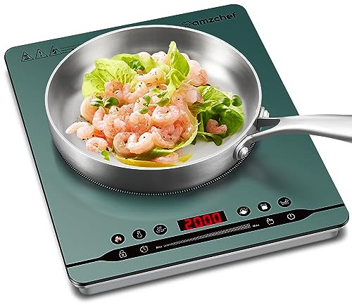 Placa de inducción individual 2000 W AMZCHEF portátil placa de inducción con funcionamiento silencioso, 9 niveles de potencia y temperatura, 4 menús automáticos, diseño de carcasa ultrafina, cerradura