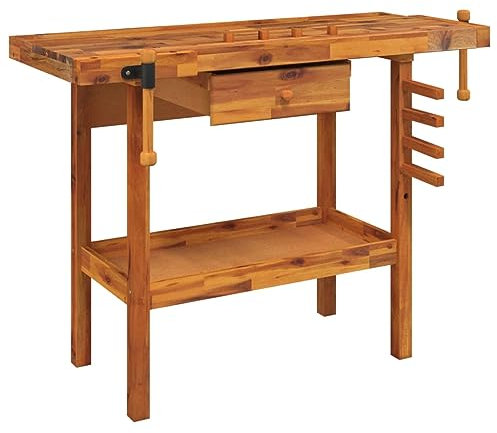 Hobelbank aus Holz mit Schubladen, Schraubstöcken, Stoppern und Holzstäbchen, Werkbank Werktisch Arbeitsbank Tischlerbank Holzwerkbank, Braun (116-124) x (44-52) x 83 cm