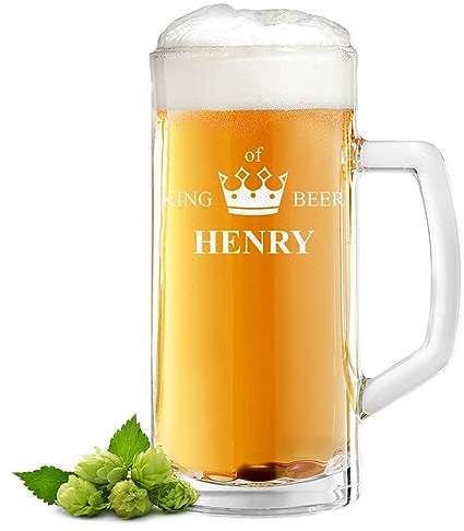 Bierkrug aus Glas mit personalisierter Gravur - Geschenke für Männer - das Bierglas zum Geburtstag, Jubiläum und Vatertagsgeschenk - Bierseidel für Pils und Craft Beer 0,5 Liter King of Beer