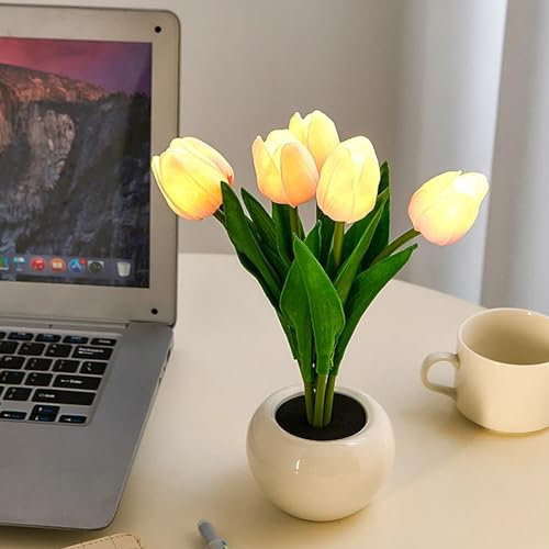 TWSOUL Luce notturna a tulipano con vaso in ceramica, lampada a tulipano, simulazione di tulipano, luci da tavolo a LED, per casa, soggiorno, desktop, regali per amici (rosa)