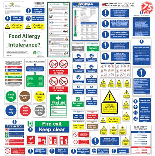 SAFETYKING 75pcs Kitchen Safety Signs & Food Hygiene Stickers, Food Safety Stickers - Self-Adhesive Vinyl Safety Labels for Kitchens, Made in the UK for Hygiene & Compliance