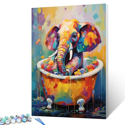 Tucocoo Farbenfrohes abstraktes Tier-Malen-nach-Zahlen-Set, 40 x 50 cm, Leinwand, DIY-Ölgemälde für Erwachsene, mit Pinseln und Acryl-Pigment, Regenbogen-Elefant in der Badewanne, Bilder für