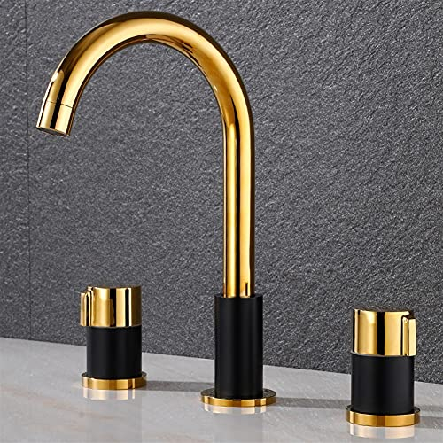 Badezimmerhahn,Badezimmer-Wasserhahn, Waschbecken-Wasserhahn, Schwarz-Weiß-Doppelgriff-Badezimmer-Waschbecken-Mischkran, Warm- und Kaltwasserhahn, 3-Loch-Quadrat-Gold-Badezimmerarmaturen (Fa