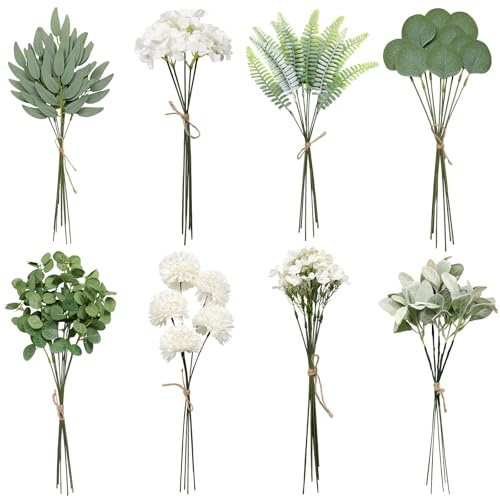Betylifoy 65 Stück Künstliche Zweige Kunstblumen Eukalyptus Deko | Kunstblumenstrauss Kunstpflanzen Grün Blätter Hortensien Blumen für Hochzeit DIY Bouquet Tisch Centerpiece Blumenarrangement