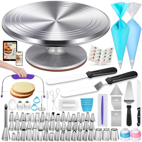 Kootek 253 Pcs Cake Decorating Kit, 12 Aluminum Alloy Cake Turntable, 48 Numbered Icing Tips, 3 Russian Piping Nozzles, Offset and Straight Spatulas, Cake Leveler, Pastry Bags Baking Supplies