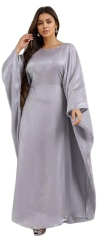 RUIG Frauen Satin Abaya Kleid Islam Muslim Sommer Fledermaus Ärmel Maxi Kleid Kaftan Robe Ramadan Kleidung