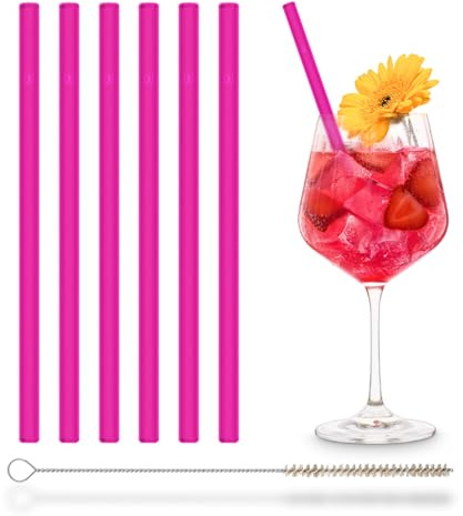 HALM Pinke Glasstrohhalme 6x 20 cm in Neon Pink Kinder oder Party + plastikfreie Reinigungsbürste - Spülmaschinenfest & Nachhaltig - Bunte Strohhalme aus Glas