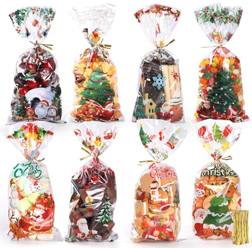 Bigqin 100 Stück Zellophantüten Weihnachten, 27 x 12,5 cm Süßigkeiten Tüten Transparent Geschenktüten Plastik Verpackungstüten mit 120 Twist Krawatten für Partyzubehör - 8 Weihnachten Muster