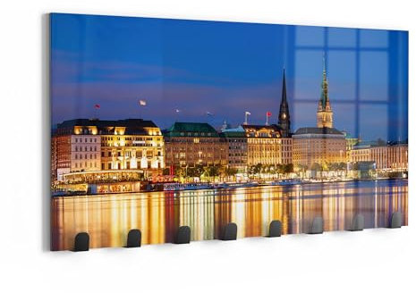 DEQORI Wandgarderobe Glas & Metall | Motiv Hamburg bei Nacht | 60x30 cm | Design Haken-Leiste modern | Garderoben-Paneel für Flur, Wohnzimmer & Schlafzimmer | magnetisch & beschreibbar