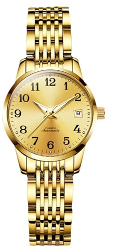 RORIOS Frauen Mechanische Uhr Damen Elegant Armbanduhren Minimalistisch Automatik Uhr Mode Automatik Edelstahl Uhr Leuchtend Analog Damenuhren Gold
