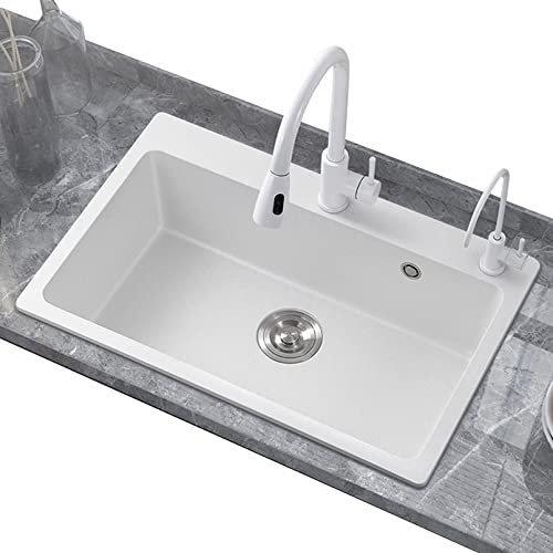 CZAOERXB Lavello in Pietra di Quarzo Bianco, lavello da Cucina Grande con Una Vasca, lavello in Granito, Vasca da Incasso con Rubinetto Estraibile e Rubinetto per la purificazione dell'acqu