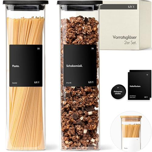 KIVY Tarros de almacenamiento rectangulares [2 x 1800 ml] + etiquetas, apilables y herméticos con tapa, tarros para pasta con tapa, para guardar espaguetis, tarros grandes