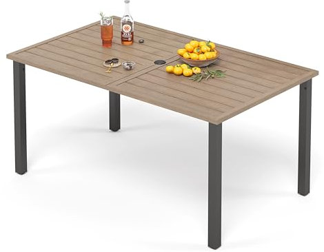 PHI VILLA Gartentisch mit Schirmloch Terrassentisch Gartentische Wetterfester 152x92x73cm Rechteckiger Outdoor Tisch mit Holzähnlicher Metall Tischplatte 4cm Schirmloch für Terrasse Bistro Garten