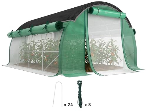 Outsunny Gewächshaus 4 x 3 x 2 m Foliengewächshaus mit 8 Fenster, Rolltüren, Aufrollbar Seitenwänden, UV-beständiger Folientunnel, Winterfest Tomatenhaus mit Erdanker, Grün