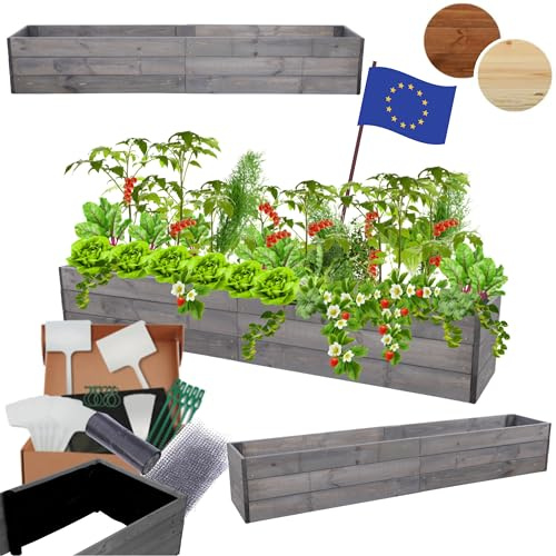 MODO24 Hochbeet Holz, Kräuterbeet, Gartenbeet, Pflanzkasten, Blumenbeet, für Garten und Terrasse, Kiefernholz, Massivholz, Naturholz, Gemüsegarten, Abmessungen 27x203x30 cm, Farbe: Grau