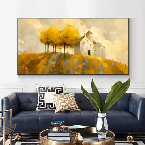 XINBAO Stampa su tela raffigurante una capanna sugli alberi gialli, poster da parete sul lago, decorazione per soggiorno, 20 x 40 cm, senza cornice