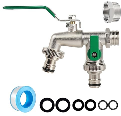 Green Double Garden Tap, 2 Way Brass Outside Tap with Hose Connector, Dual Outlet Outdoor Water Tap, 1/2 Inch & 3/4 Inch Threaded for Garden Watering and Hose Pipe