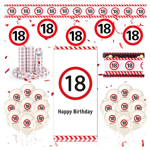 WenmthG 18 Geburtstag Deko Mädchen Jungen, 18. Geburtstag Deko mit Banner, Girlande, Luftballons, Absperrband, Luftschlangen - Verkehrsschild zum 18 Jahre, Verkehrszeichen 18. Geburtstagsdeko