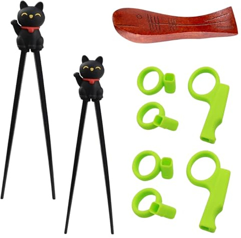 2 Paar Essstäbchen Kinder, Essstäbchen Süße Lucky Cat, Stäbchen Kinder Wiederverwendbare Rutschfeste, mit 2 Paar Fingermanschette, 1 Essstäbchenhaltern, für Ramen Asiatische Geschirr