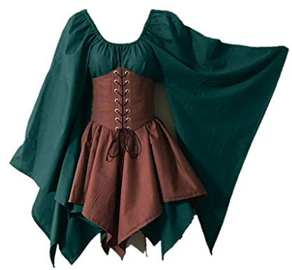 Medieval Costume Women Vintage Traditional Irish Dress Flare Sleeve Renaissance Dress with Corset Gothic Victorian Halloween Costumes Adult Green Khaki S