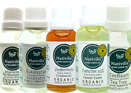 Nativilis - Juego de aceites esenciales orgánicos - Árbol de té, eucalipto, cedro, hinojo y romero, 5 x 30 ml, para aromaterapia, cuidado de la piel y el cabello
