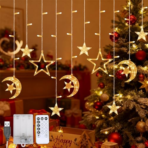 LED Lichterkette, 3.5m Led Sterne Mond Lichterketten für außen & innen, Wasserdichte Lichtervorhang mit 8 Modi, Timer, Fernbedienung, Deko für Weihnachten Themenparty Hochzeit Hause Ramadan Zimmer