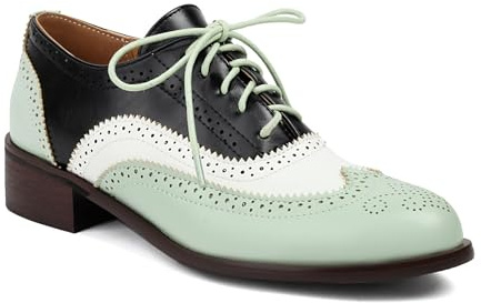 Damen Lackleder Brogue Oxfords Schnüren Kleid Schuhe Niedriger Blockabsatz Vintage Schuhe,Grün,36 EU