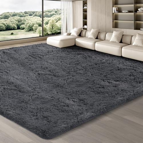 JOJOSEE Hochflor Teppich Wohnzimmer 240 x 340 cm Grau | Anti-Rutsch Wohnzimmerteppich Waschbarer Flauschiger Teppich für Schlafzimmer & Kinderzimmer