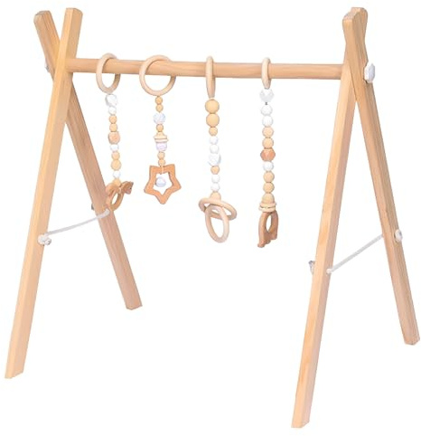 Wood Baby Play Gym, Wooden Baby Gym with 4 Detachable Sensory Hanging Toys, Floor Activity Playgym Center Play Arch for Newborn Infant Ages 0-36 Months
