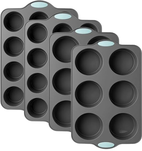 HONYUET 4-delad muffinsform i silikon, 2 x 6 och 2 x 12 hål 25 x 16 x 4 cm grå, muffinsplåt non-stick belagd med silikonhandtag diskmaskinssäker, för cupcakes och muffins