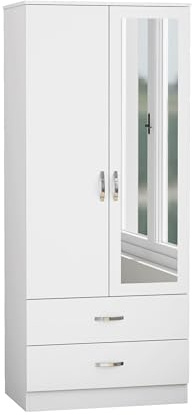 Nera White 2 Door Wardrobe with Drawers and Mirror 180cm for Bedrooms | Full Length Mirror and Two Drawers
