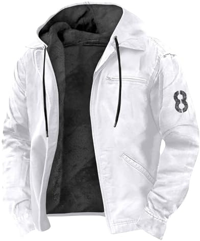 Giacca Softshell Uomo Invernale in Pile con Cappuccio Giubbotto Primaverile da Lavoro Caldo Leggero Giacca Militare Termica Antivento Cardigan Sportiva Tattica Elegante per Caccia Trekking,Bianco,4XL