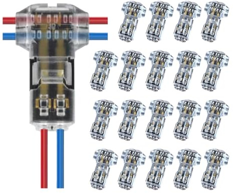 20 PCS T Tap Wire Connectors 12V, 2 Pin 3 Way Quick Splice Branch Connectors, Electrical Wire Connector, Solderless No Stripping Cable Tap for 18-22 AWG LED Strips, Car Audio, Automotive Wiring