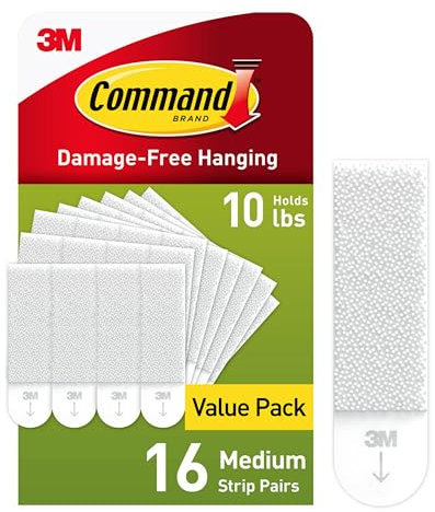 Command 4,5 kg mittelgroße Klebestreifen zum Aufhängen von Bildern, 16 Paar (32 Streifen), beschädigungsfreie Aufhängung, kein Werkzeug, ideal für Heimdekoration, weißer Klebstoff